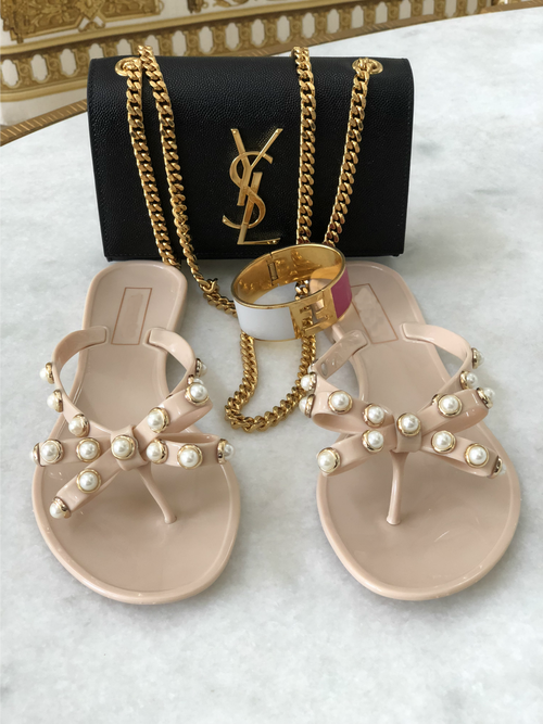 Pearl Studded Flat Sandals - Nude
