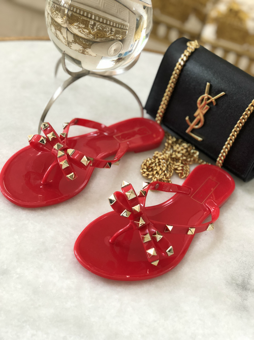 Rock Studded Flat Sandals - Red - Semai House Of fashion