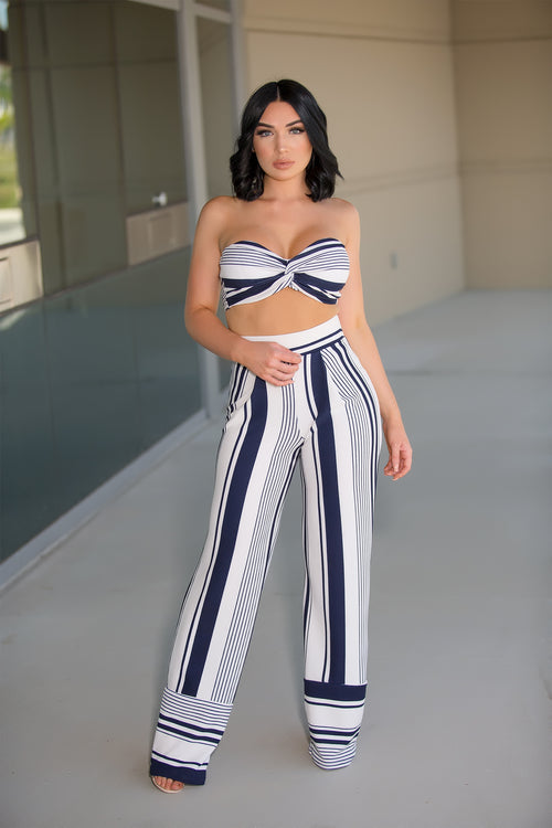 Myla - White And Blue Stripe Pant Set