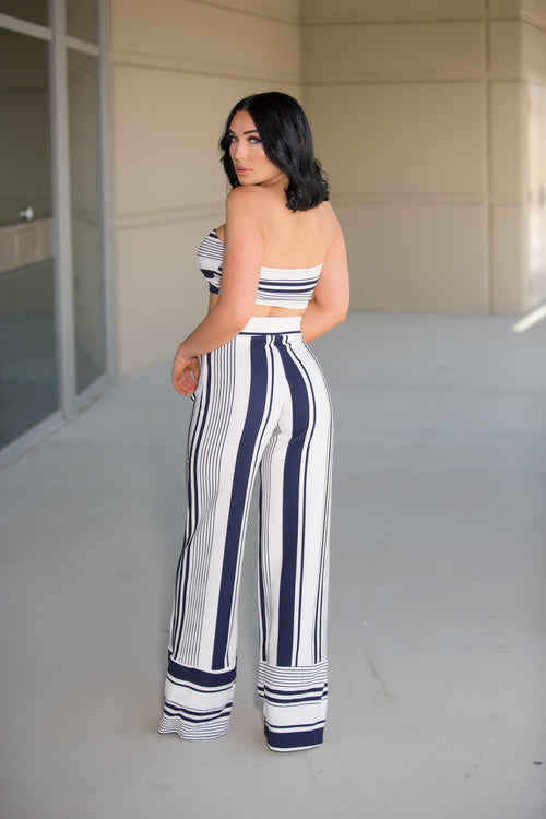 Myla - White And Blue Stripe Pant Set - Semai House Of fashion