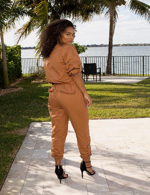Leah- Camel Zip Up Jumpsuit - Semai House Of fashion