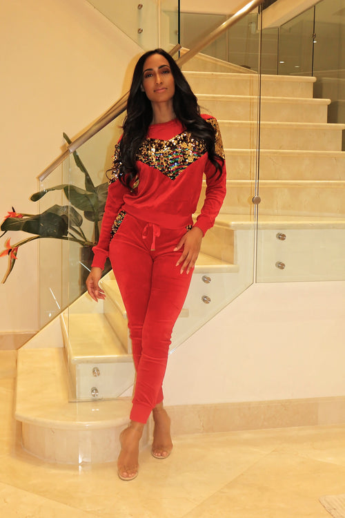 Velvet and Sequin Set - Red - Semai House Of fashion