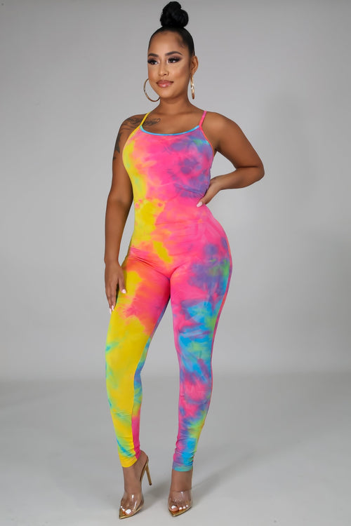 Stretchy Tie Dye Jumpsuit- Yellow Pink - Semai House Of fashion