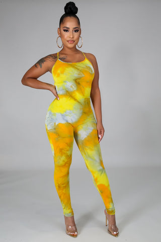 Stretchy Tie Dye Jumpsuit- Yellow Pink