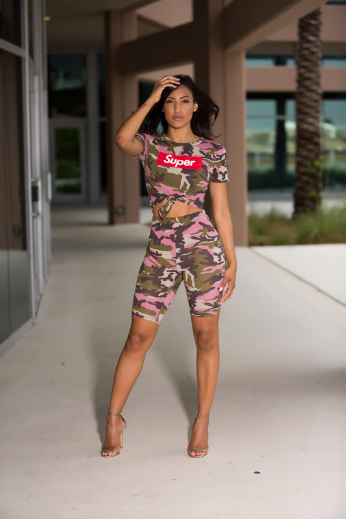 Lilly - Super Babe Camo Crop Top Shorts Set - Pink