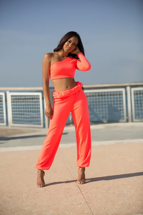 Lolly - One Shoulder Pant Set - Coral