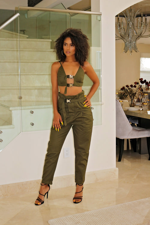 Feeling Secure Buckle Up Pants Set - Olive