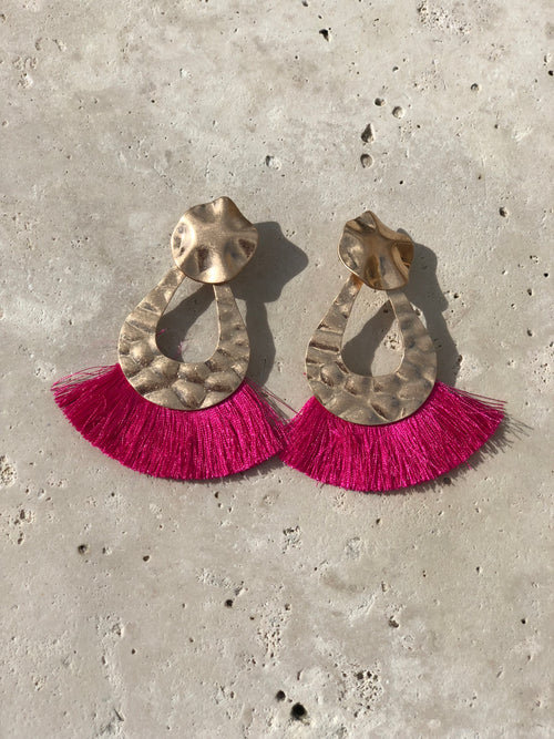 Gold Tassel Around Earrings - Fuchsia
