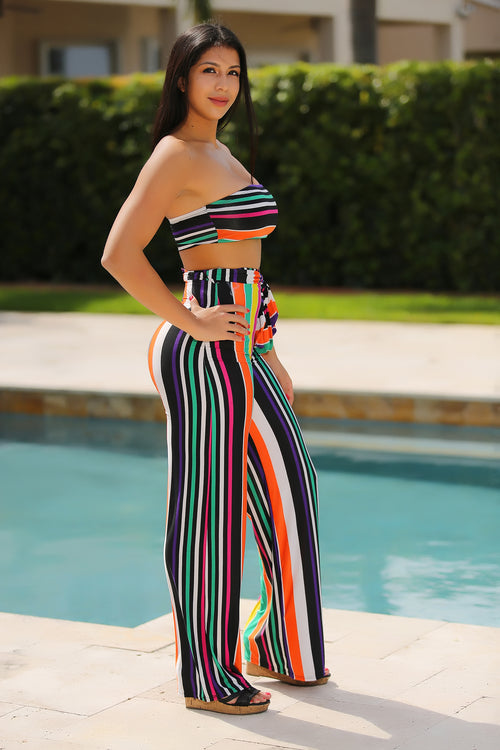 Haley - Bungalow Palazzo Pants Set - White/Fuchsia/Multi