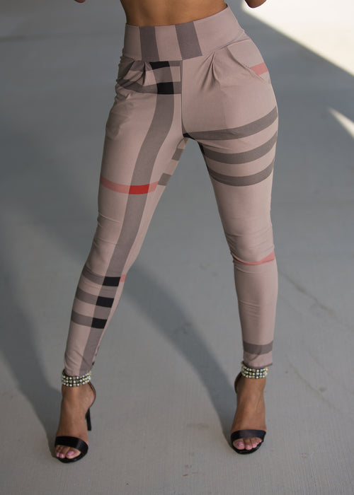 Taira - High Waisted Plaid Pants - Mauve