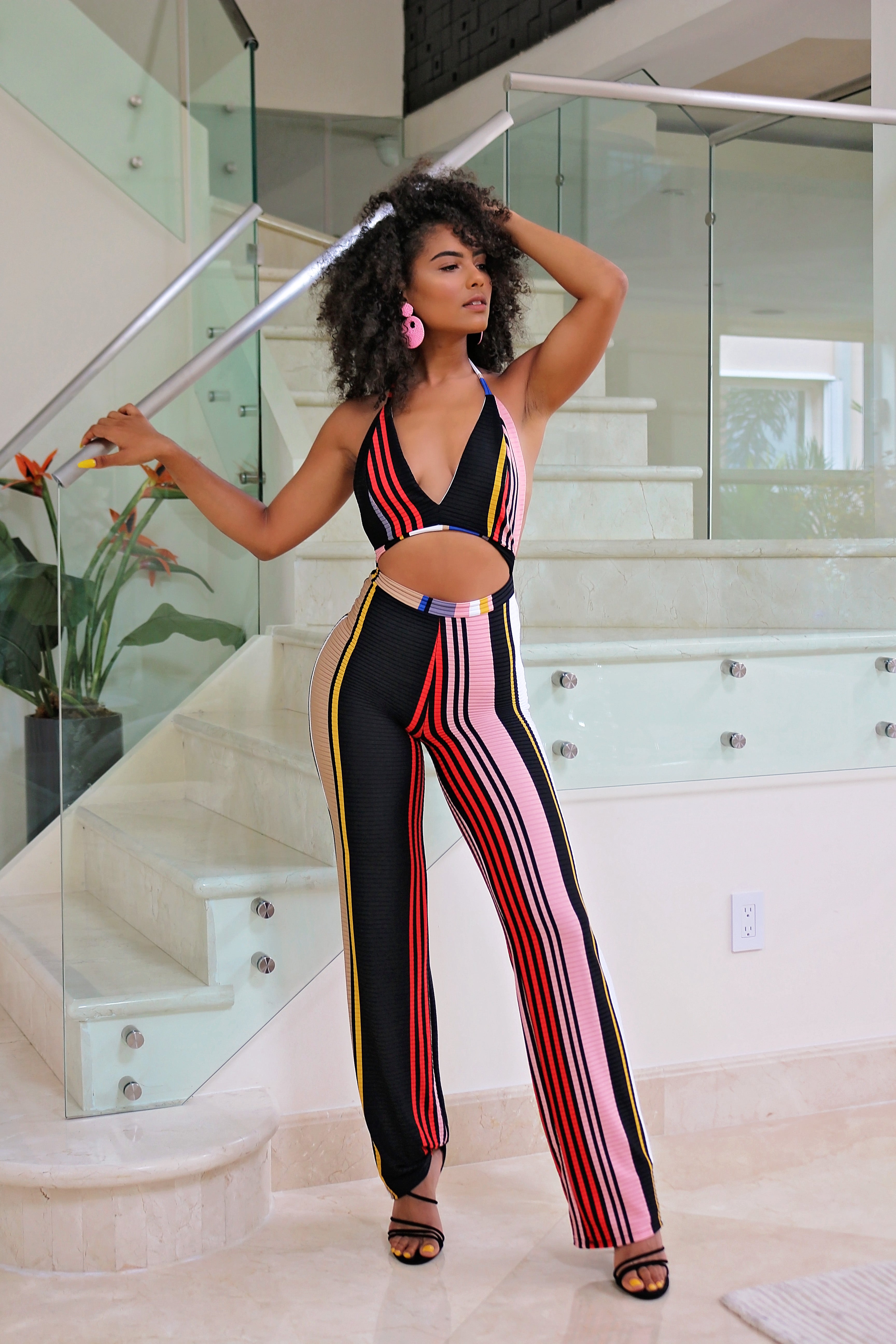 I'm Definitely Impressed Striped Jumpsuit - Pink/Multi - Semai House Of fashion