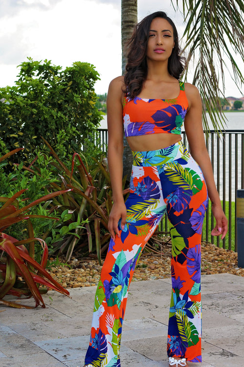 Leaf Me Alone Tropical Pants Set - Orange/Multi