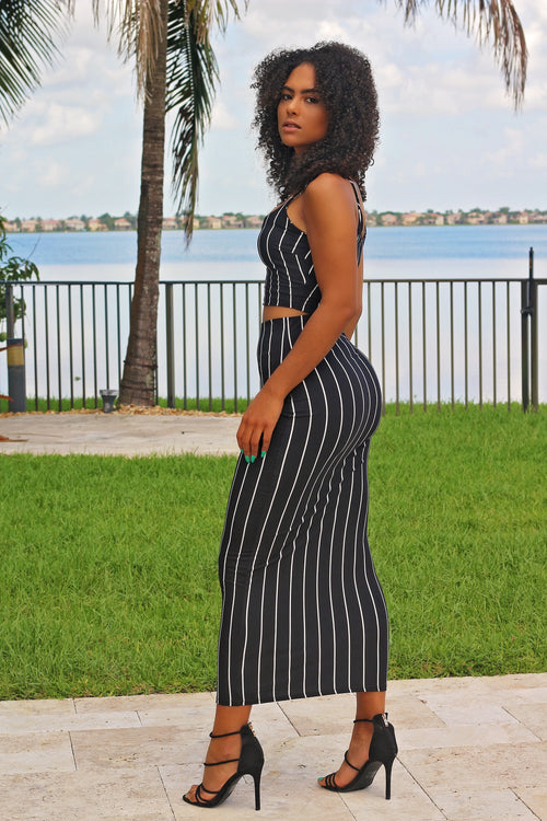 Kari - Long Line Stripe Skirt Set - Black/White