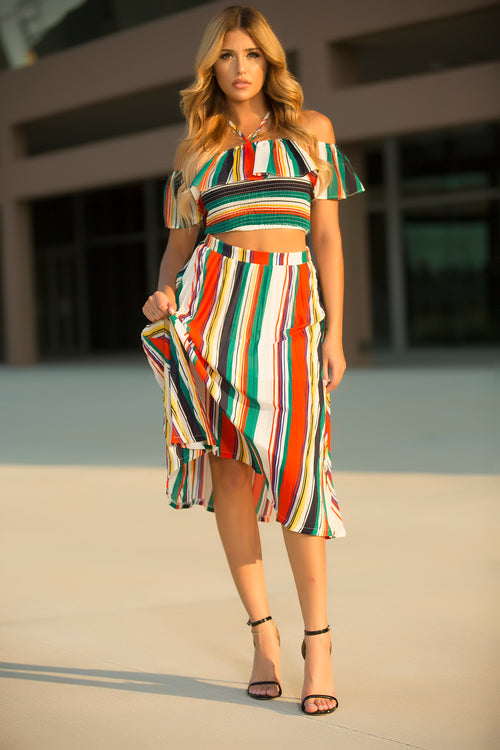 Eliza - Long Line Stripe Skirt Set
