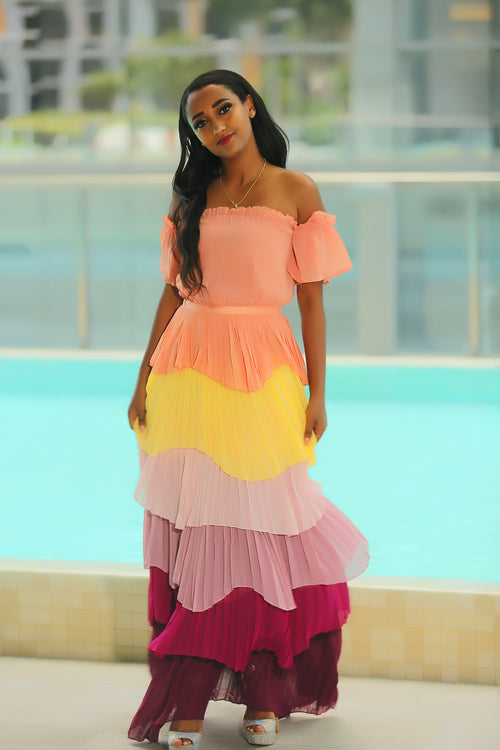 Miss You More Pleated Ruffle Color Maxi Dress