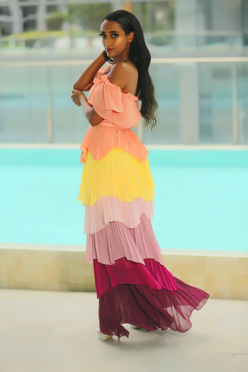 Miss You More Pleated Ruffle Color Maxi Dress - Semai House Of fashion