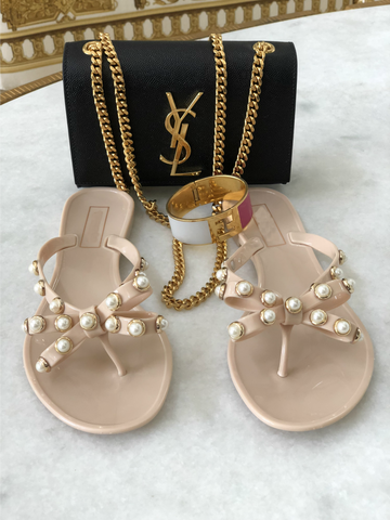 Rock Studded Flat Sandals - White