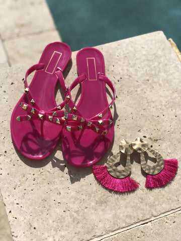 Rock Studded Flat Sandals - Red