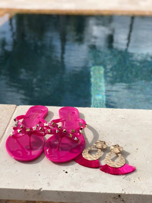 Rock Studded Flat Sandals - Fuchsia - Semai House Of fashion
