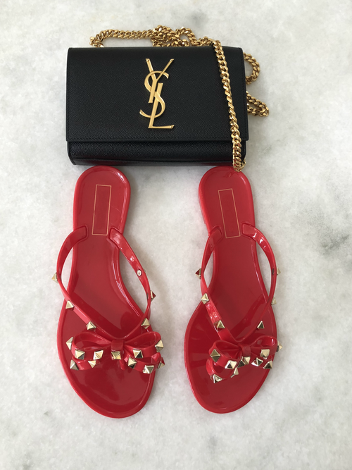 Rock Studded Flat Sandals - Red