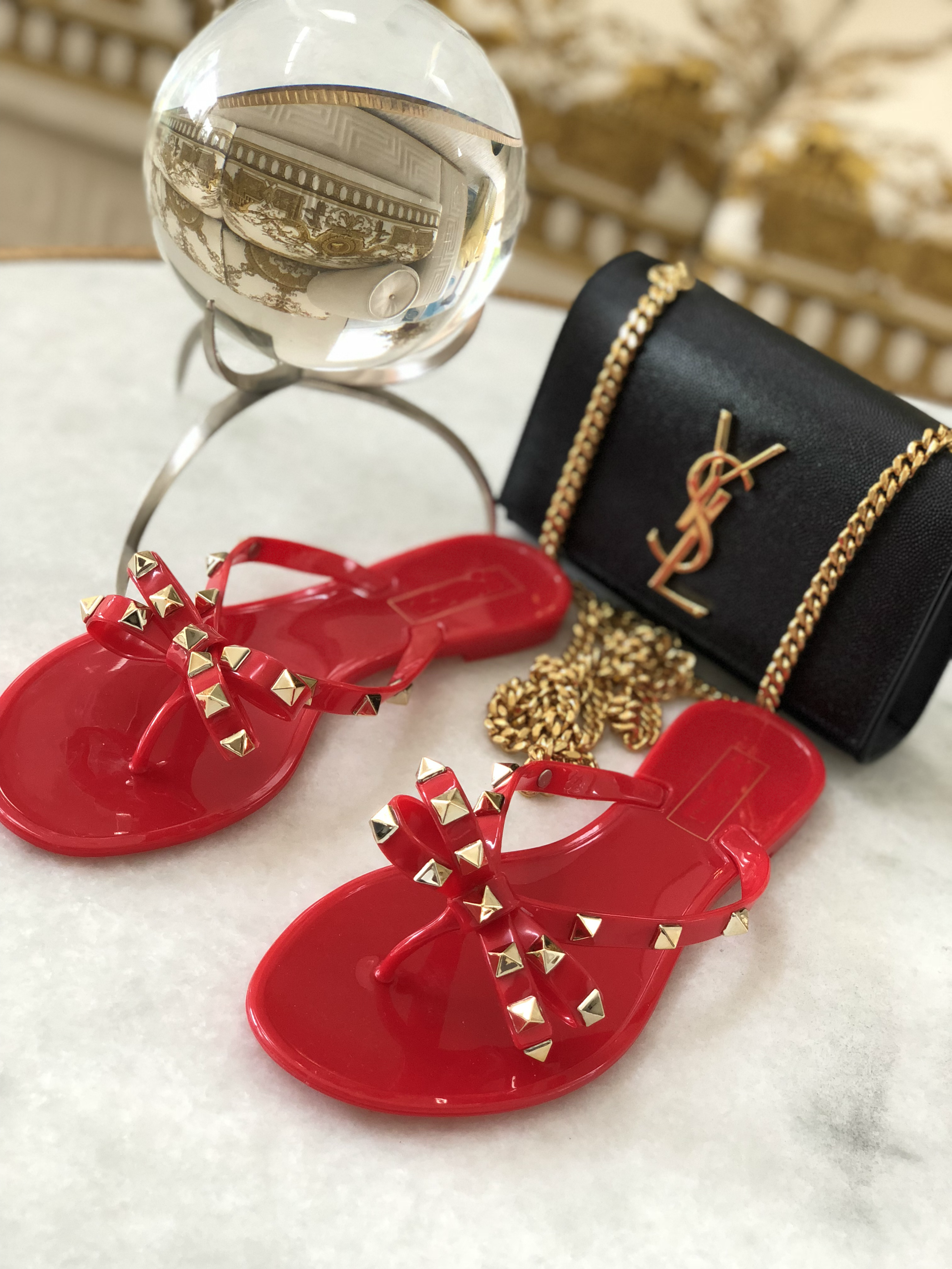 Rock Studded Flat Sandals - Red - Semai House Of fashion