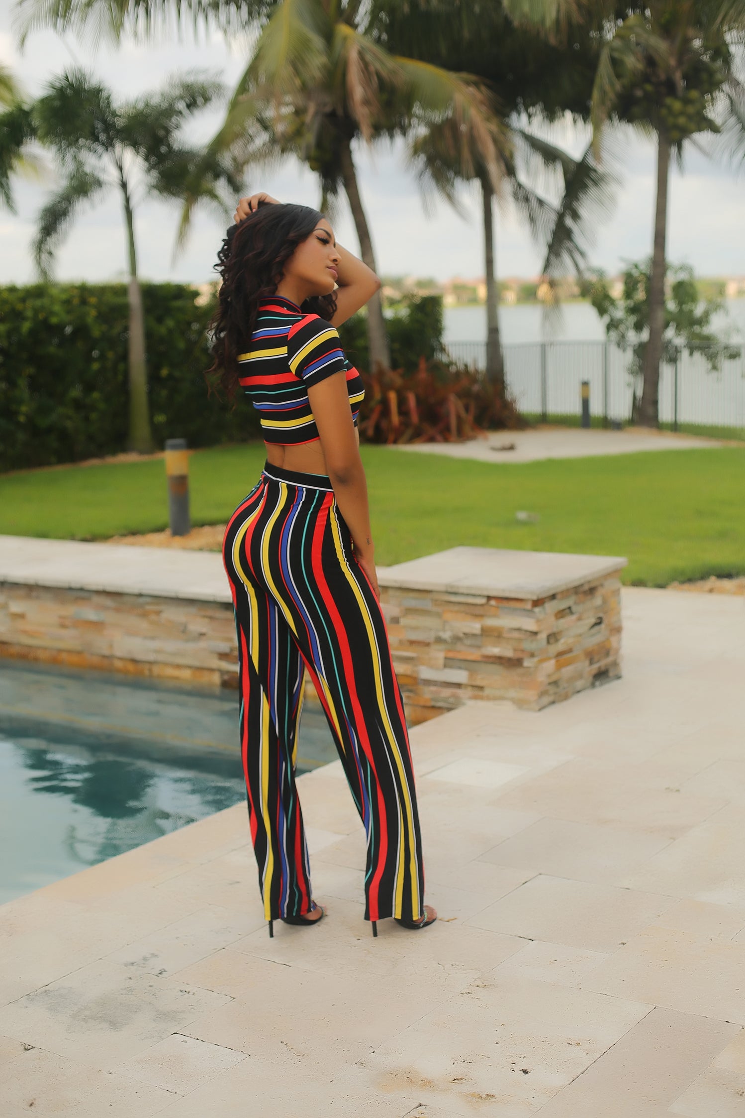 Shea - Bright Stripe Crop Top and Pant Set - Black - Semai House Of fashion