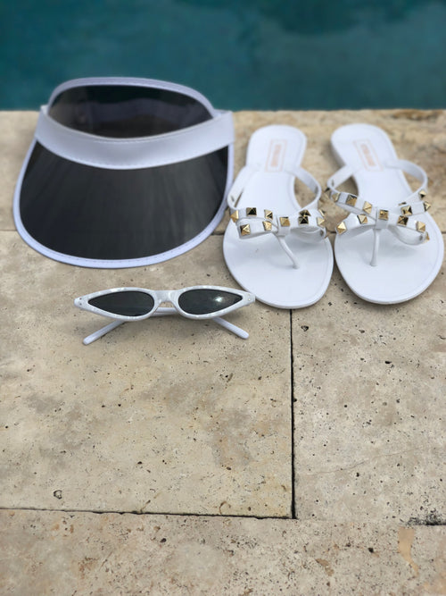 Women's Retro Thin Cat Eye Dual Rivet Sunglasses - White
