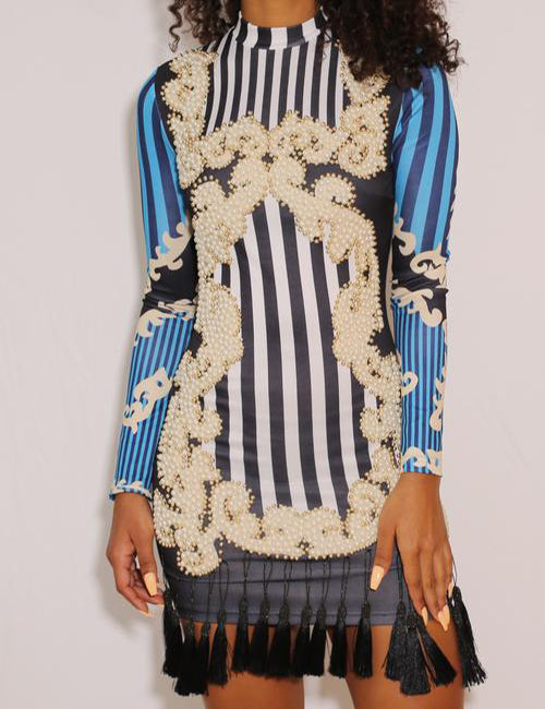 Fiona - Pearl Tassel Stripe Body-Con Dress - Semai House Of fashion