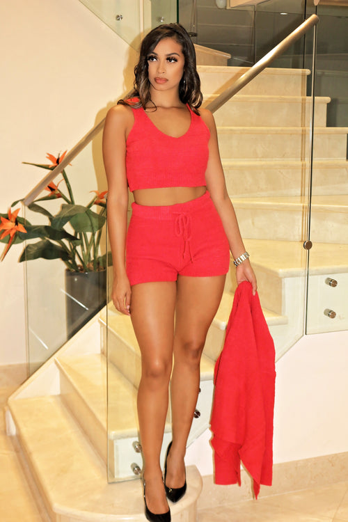 Fuzzy 3 Piece Short Set- Red - Semai House Of fashion