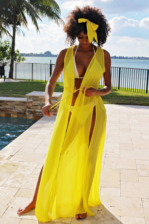 Sheer Maxi Beach Coverup - Yellow - Semai House Of fashion