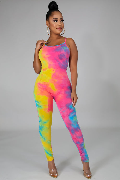 Stretchy Tie Dye Jumpsuit- Yellow Pink