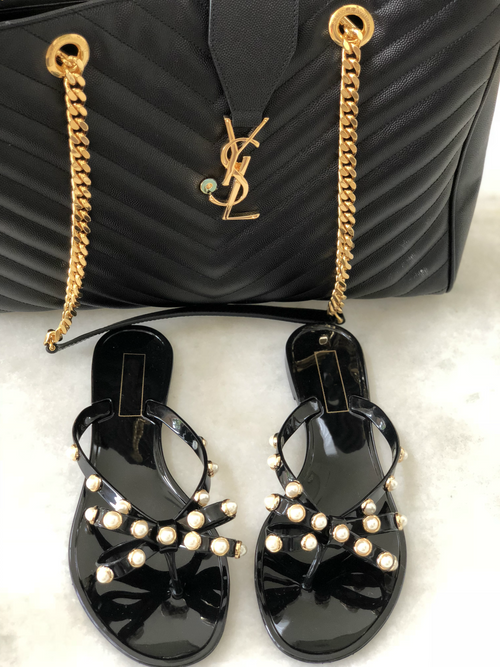 Pearl Studded Flat Sandals - Black