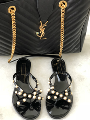 Pearl Studded Flat Sandals - Black - Semai House Of fashion